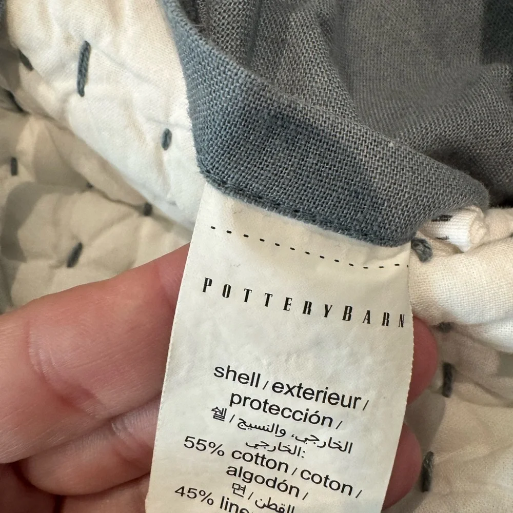 Pottery Barn Pick- Stitched King Shams Set of 4 Blue Grey Tie Linen Cotton